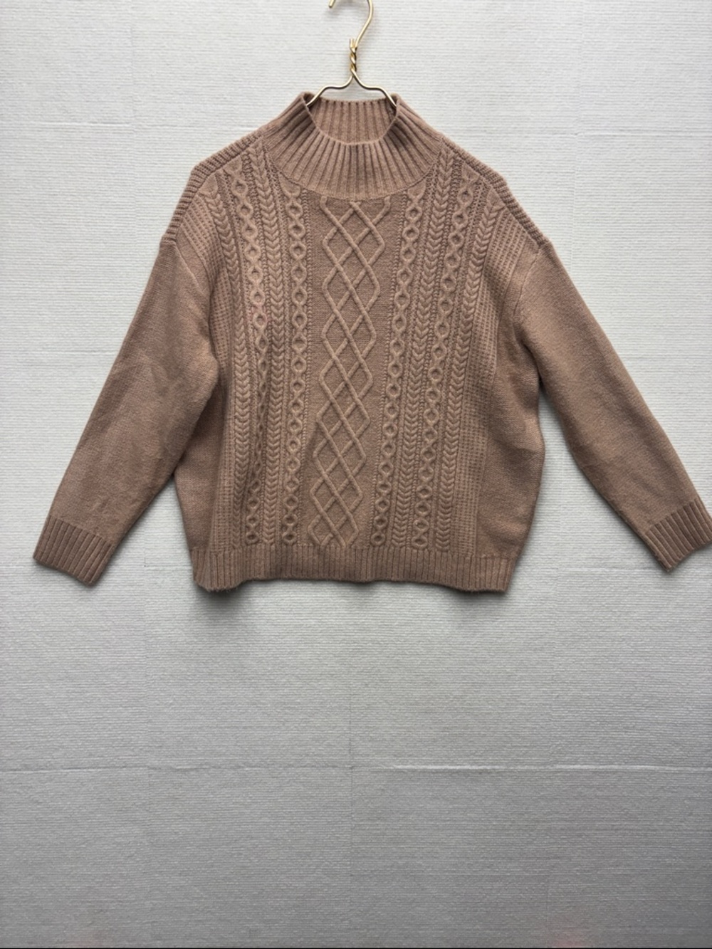 Loft | Mock Neck Cable Knit Sweater - Taupe SP small petite wool blend